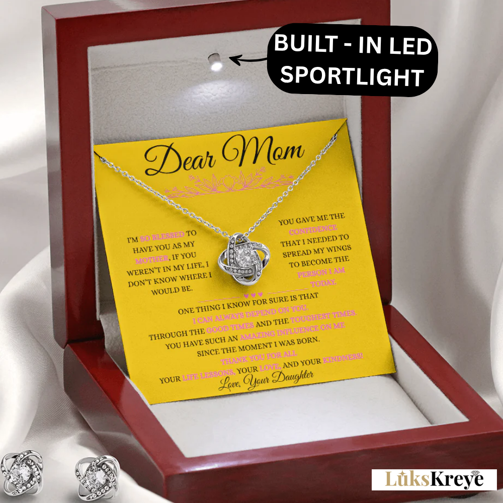 Love Knot Necklace & Earrings Set – 14K White Gold Luxury Gift for Mom