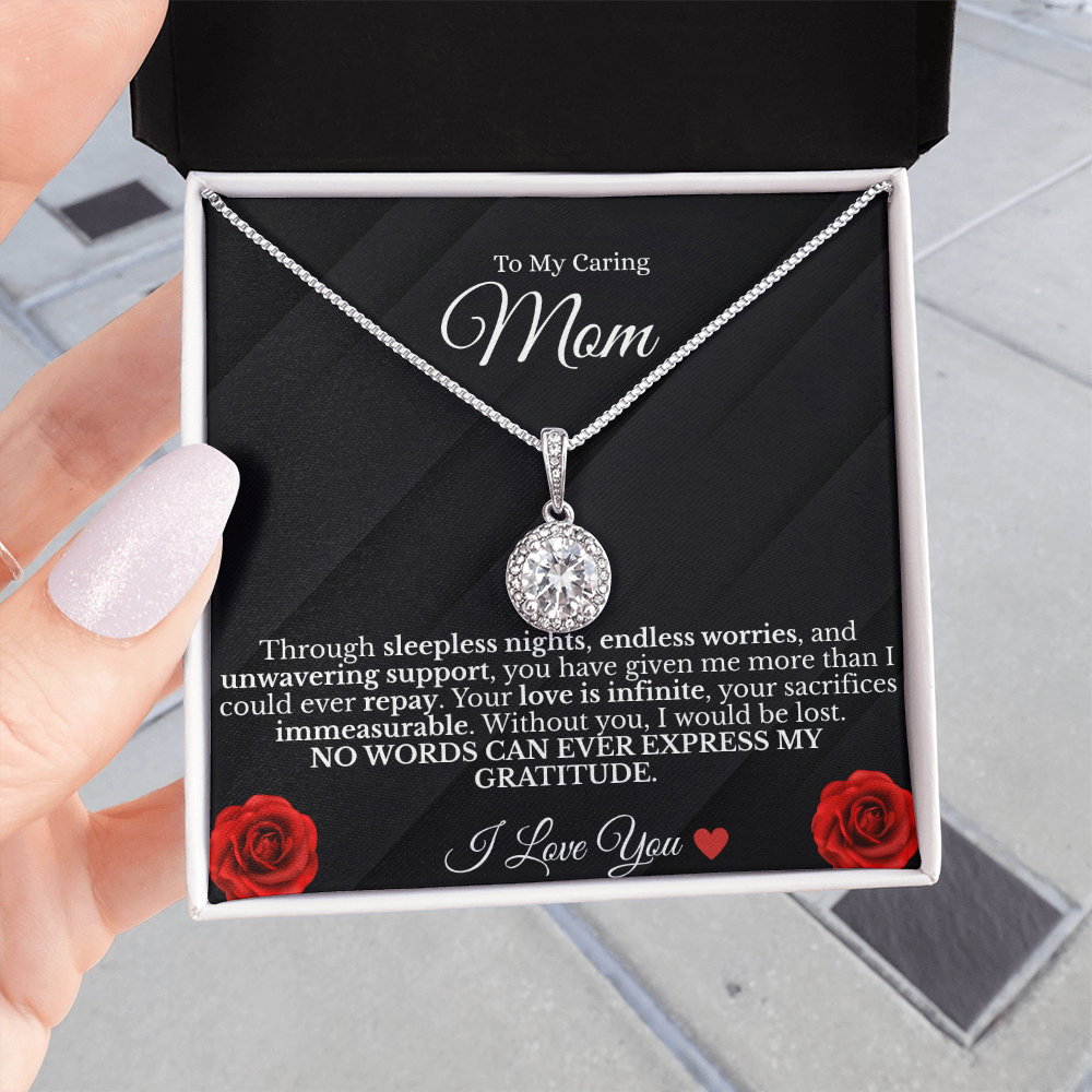 To My Caring Mom – Sparkling Eternal Love Necklace (14K White Gold Finish)