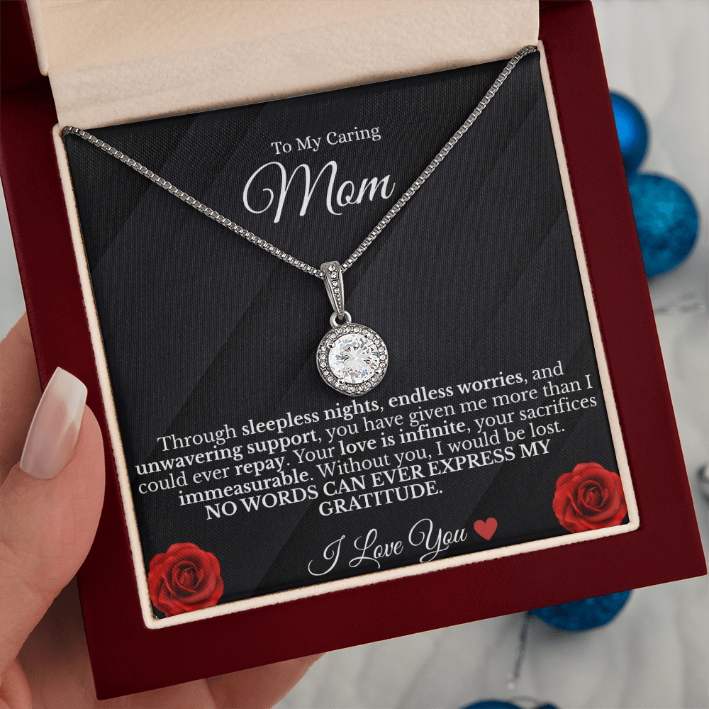 To My Caring Mom – Sparkling Eternal Love Necklace (14K White Gold Finish)