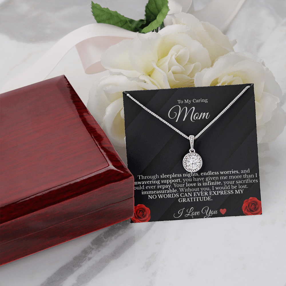 To My Caring Mom – Sparkling Eternal Love Necklace (14K White Gold Finish)