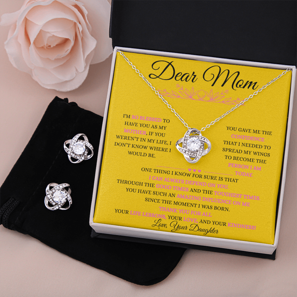 Love Knot Necklace & Earrings Set – 14K White Gold Luxury Gift for Mom