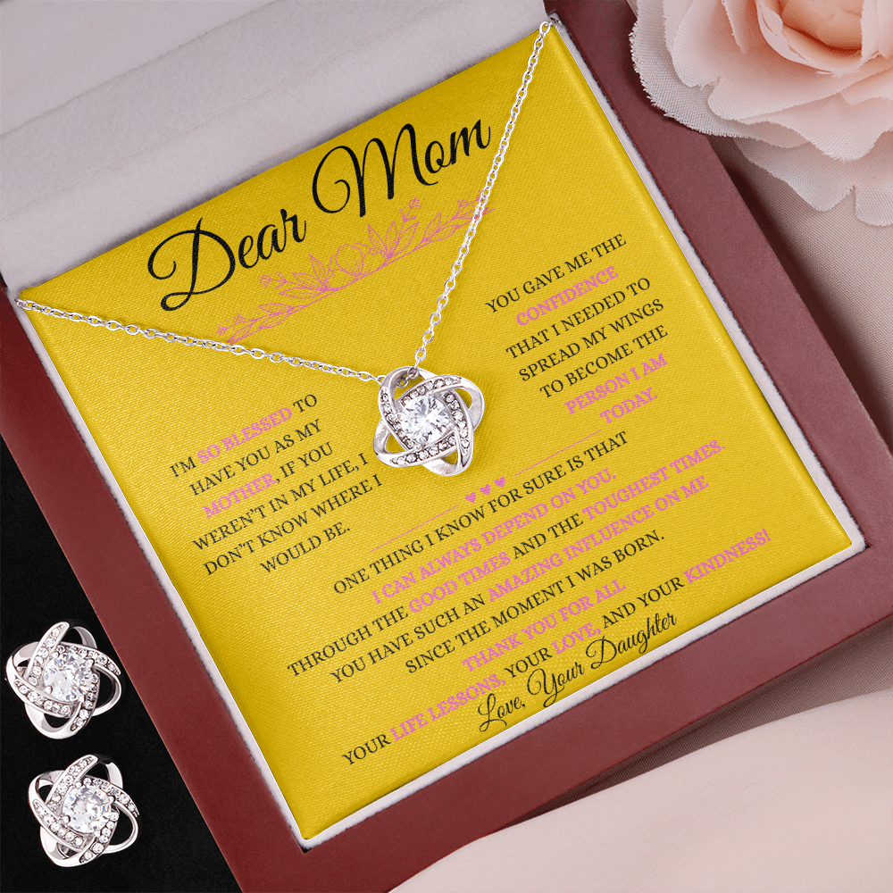 Love Knot Necklace & Earrings Set – 14K White Gold Luxury Gift for Mom