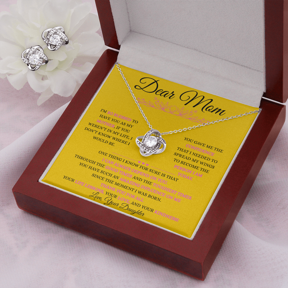 Love Knot Necklace & Earrings Set – 14K White Gold Luxury Gift for Mom