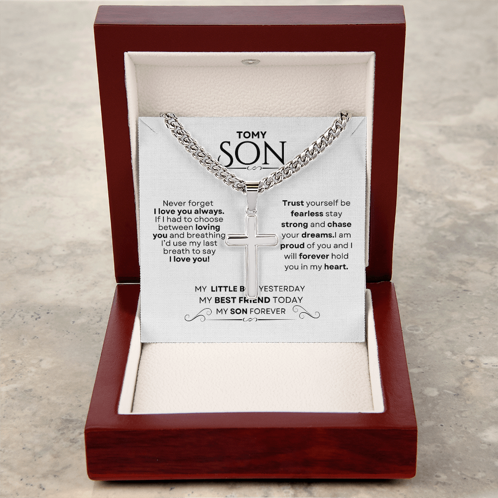 To My Son – Cuban Link Chain with Artisan Cross Necklace