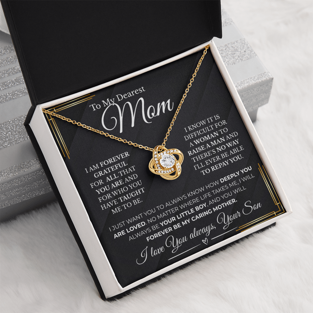 Forever My Caring Mother – Love Knot Necklace from Son| Best Jewelry Gift For Mom| Free LED Gift Box