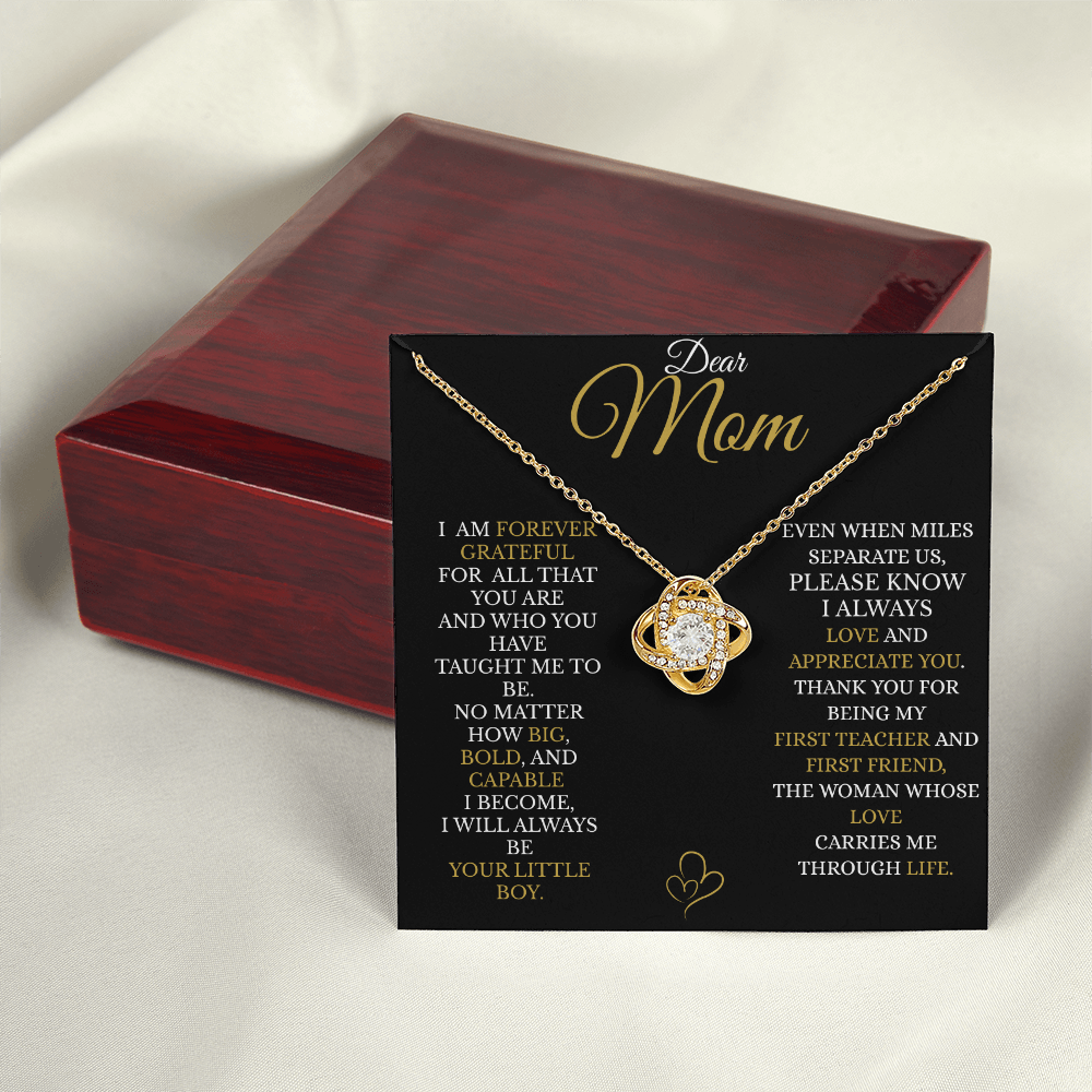 To My Mom – Gold Love Knot Necklace with “I’ll Always Be Your Little Boy” Message and Free LED Gift Box