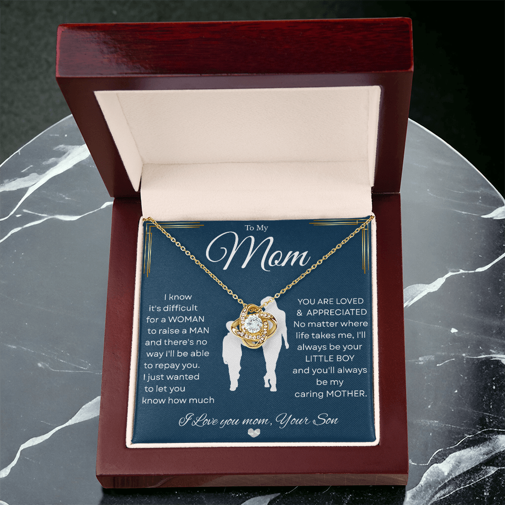 Love Knot Necklace – Heartfelt Keepsake Gift from Son to Mom "You’ll forever be my CARING MOTHER." Message and Free Gift Box