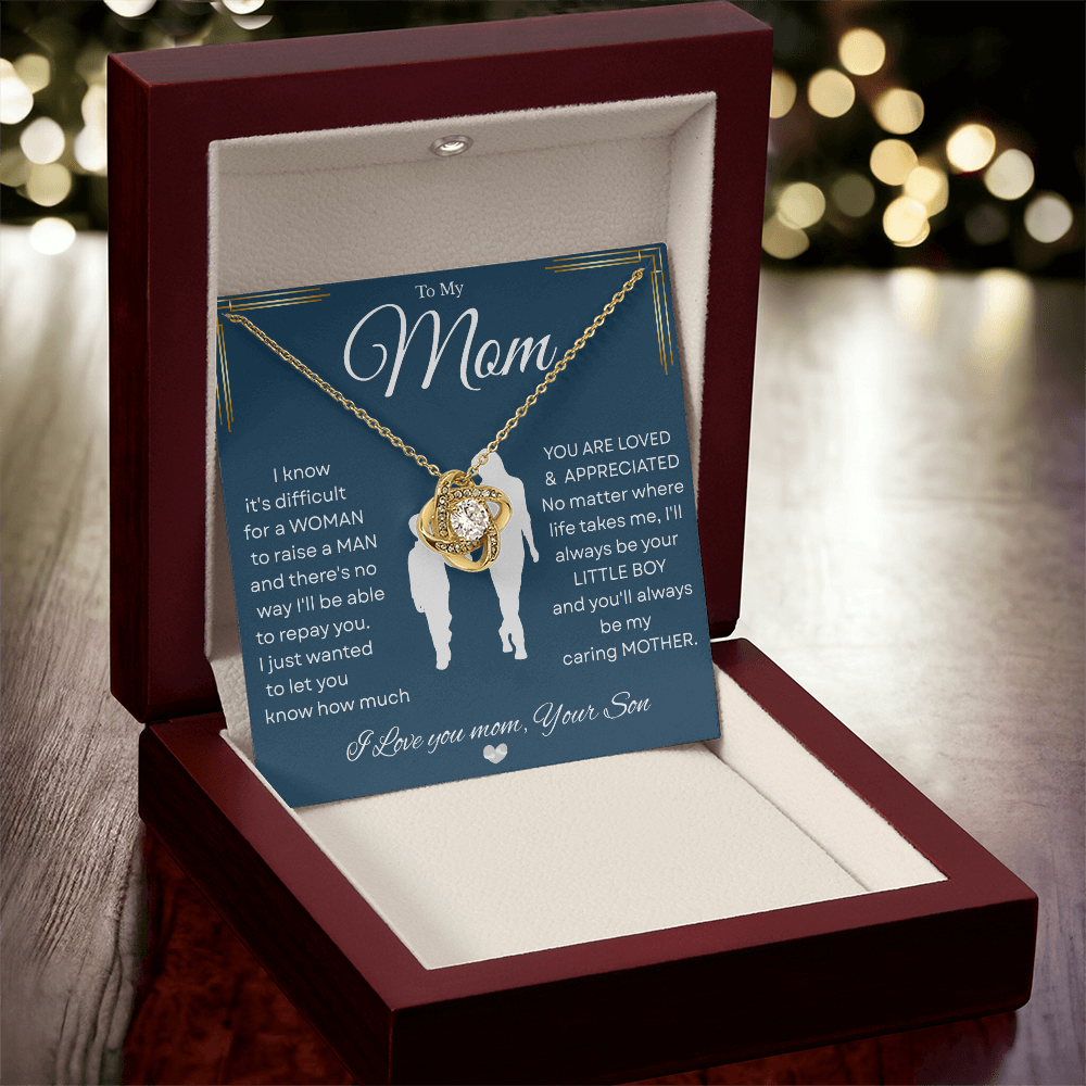 Love Knot Necklace – Heartfelt Keepsake Gift from Son to Mom "You’ll forever be my CARING MOTHER." Message and Free Gift Box