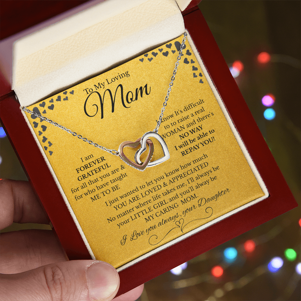 Interlocking Hearts Necklace – Gift from Daughter to Mom "YOU ARE LOVED & APPRECIATED" and Free LED Gift Box