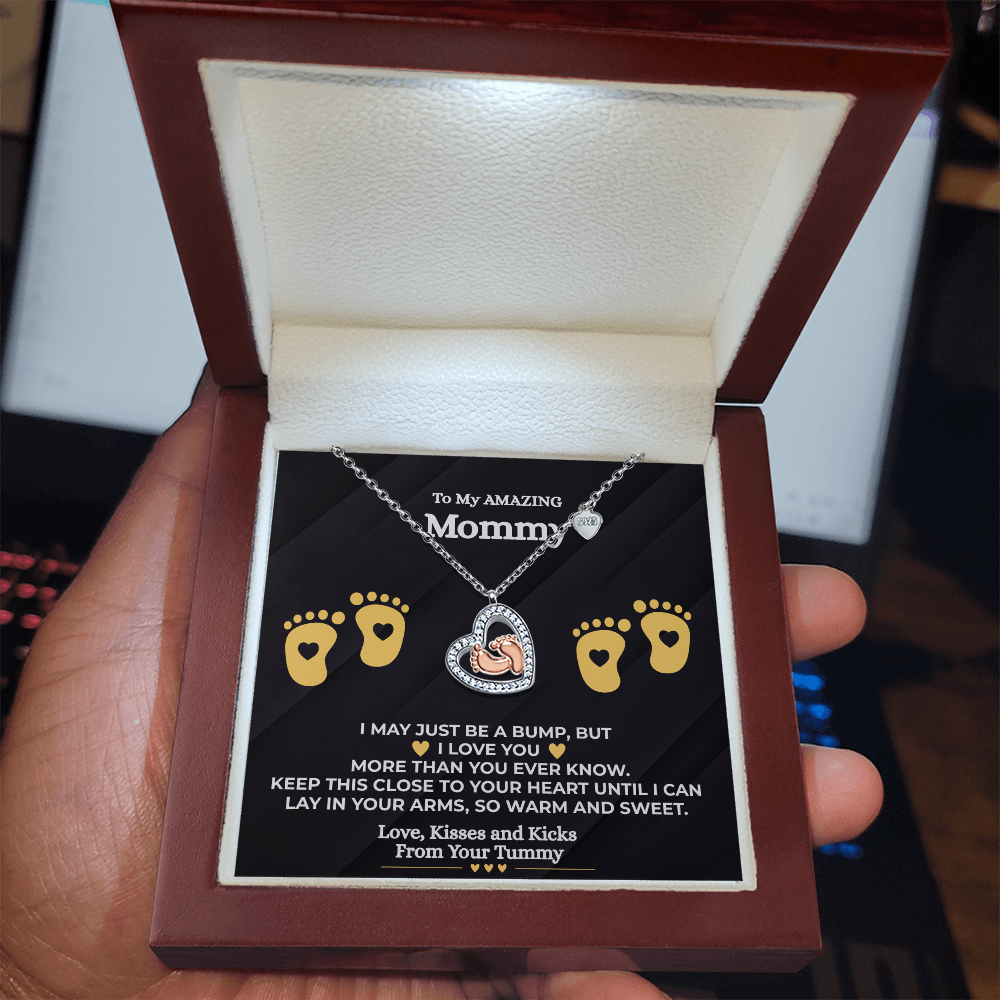 Love from the Bump” Baby Feet Love Heart Necklace – A Heartfelt Gift for Mommy-to-Be 14k White Gold Finish
