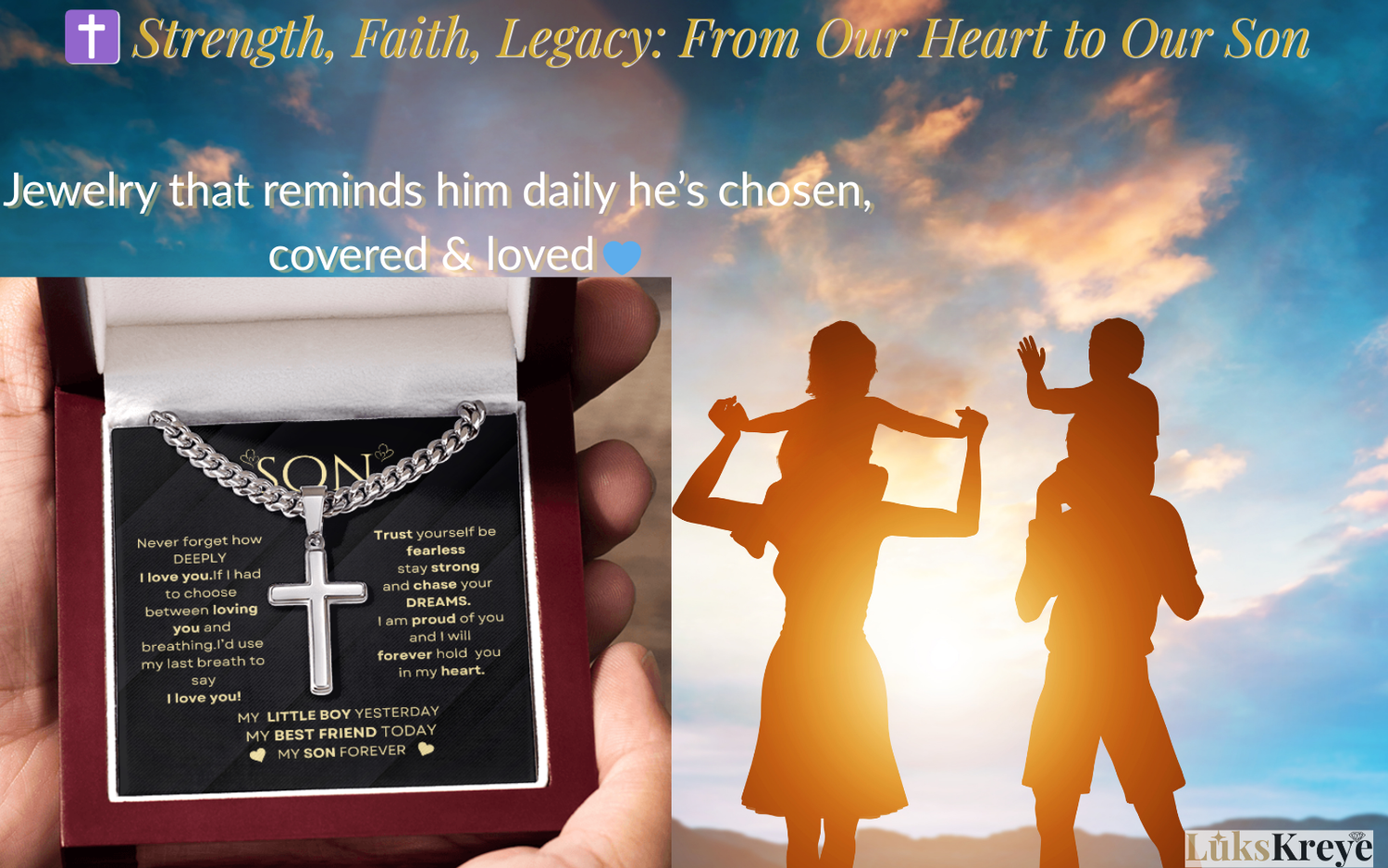Christian cross necklace gift for son with sunset family silhouette — Strength, Faith, and Legacy jewelry gifts from LuksKreye.”