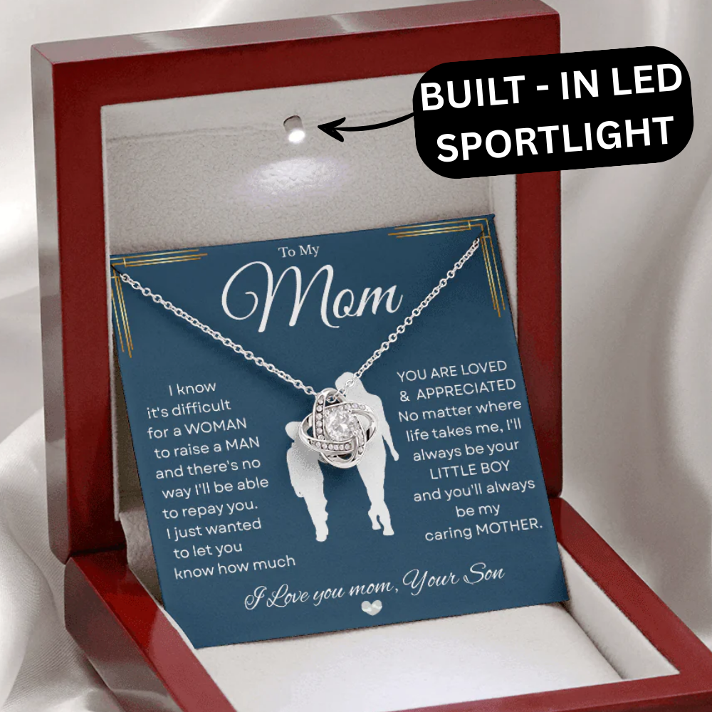 Love Knot Necklace – Heartfelt Keepsake Gift from Son to Mom "You’ll forever be my CARING MOTHER." Message and Free Gift Box
