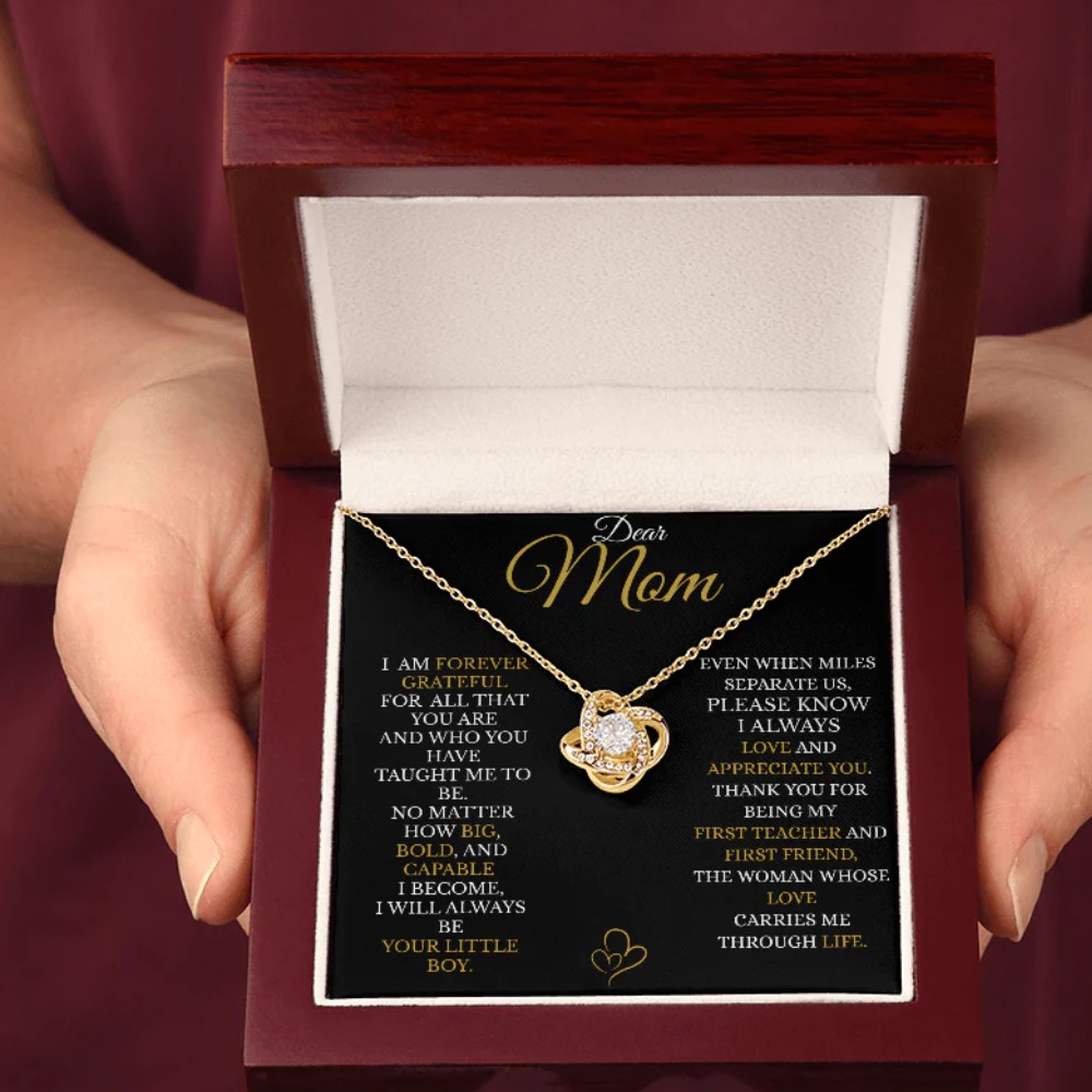 To My Mom – Gold Love Knot Necklace with “I’ll Always Be Your Little Boy” Message and Free LED Gift Box