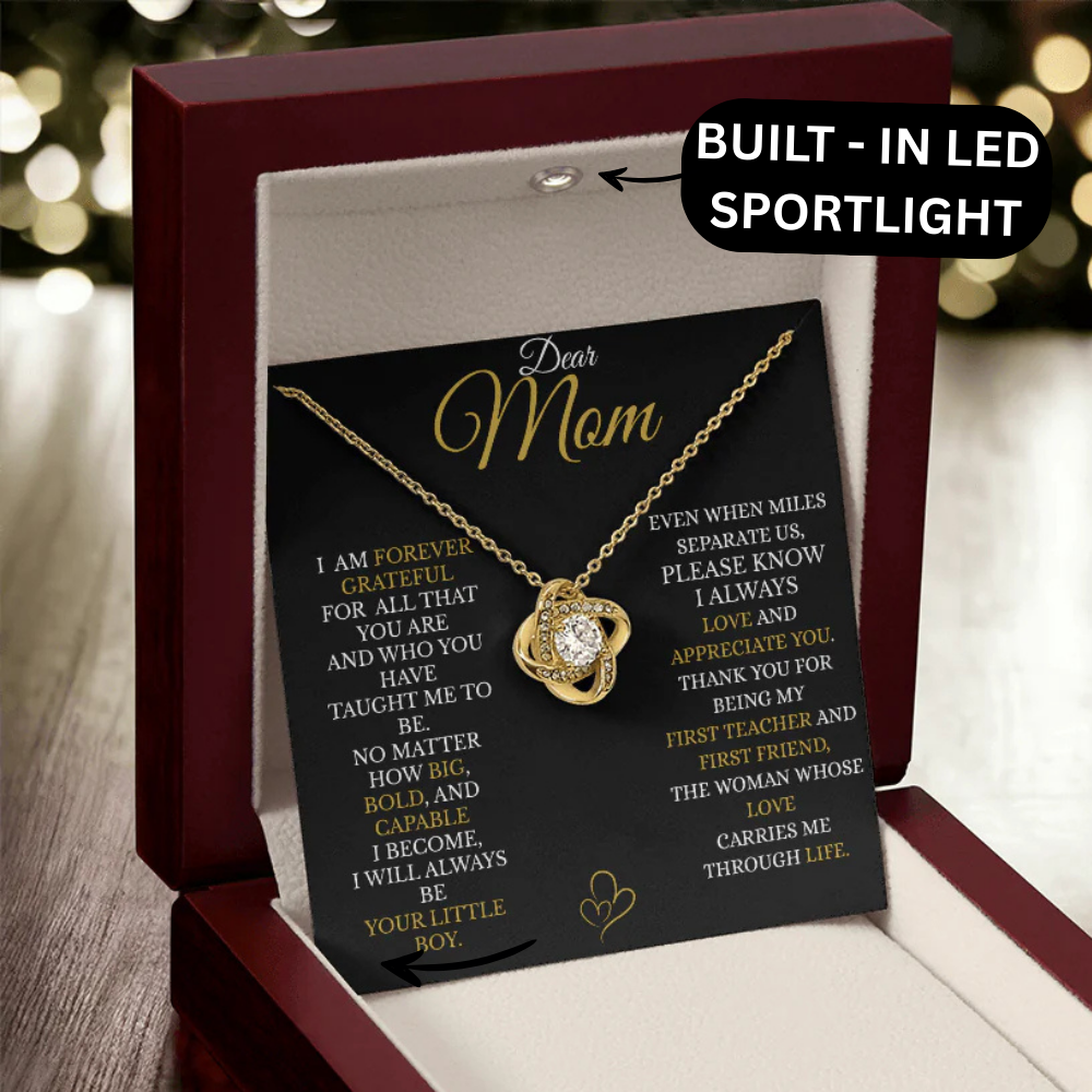 To My Mom – Gold Love Knot Necklace with “I’ll Always Be Your Little Boy” Message and Free LED Gift Box