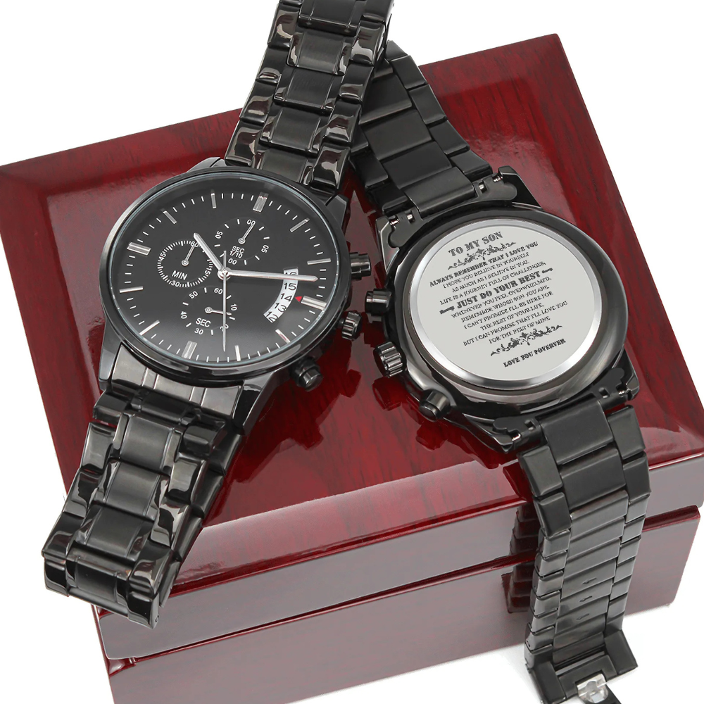 To My Son – Black Chronograph Watch | “Just Do Your Best” Engraved Edition