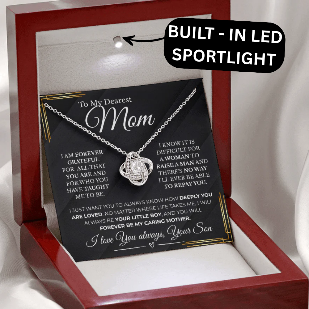 Forever My Caring Mother – Love Knot Necklace from Son| Best Jewelry Gift For Mom| Free LED Gift Box