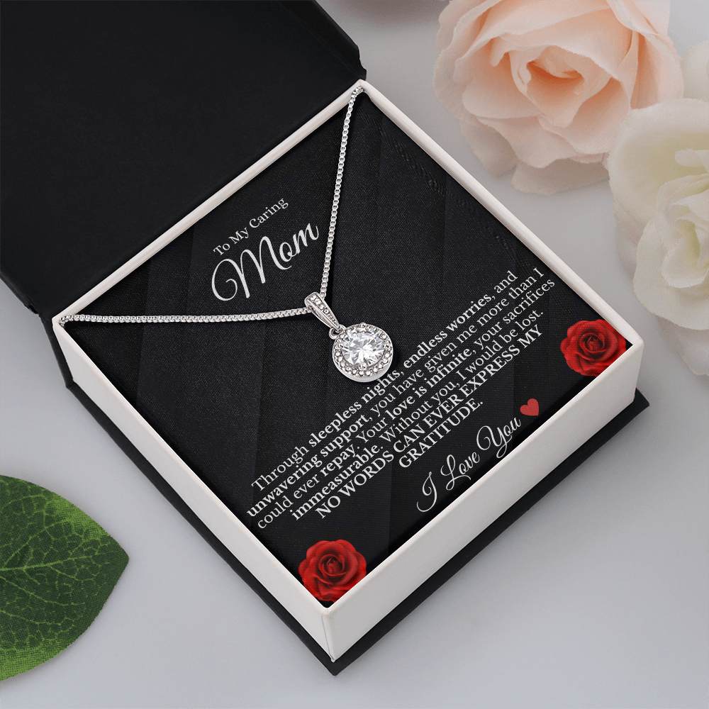To My Caring Mom – Sparkling Eternal Love Necklace (14K White Gold Finish)