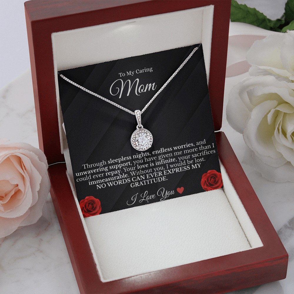 To My Caring Mom – Sparkling Eternal Love Necklace (14K White Gold Finish)