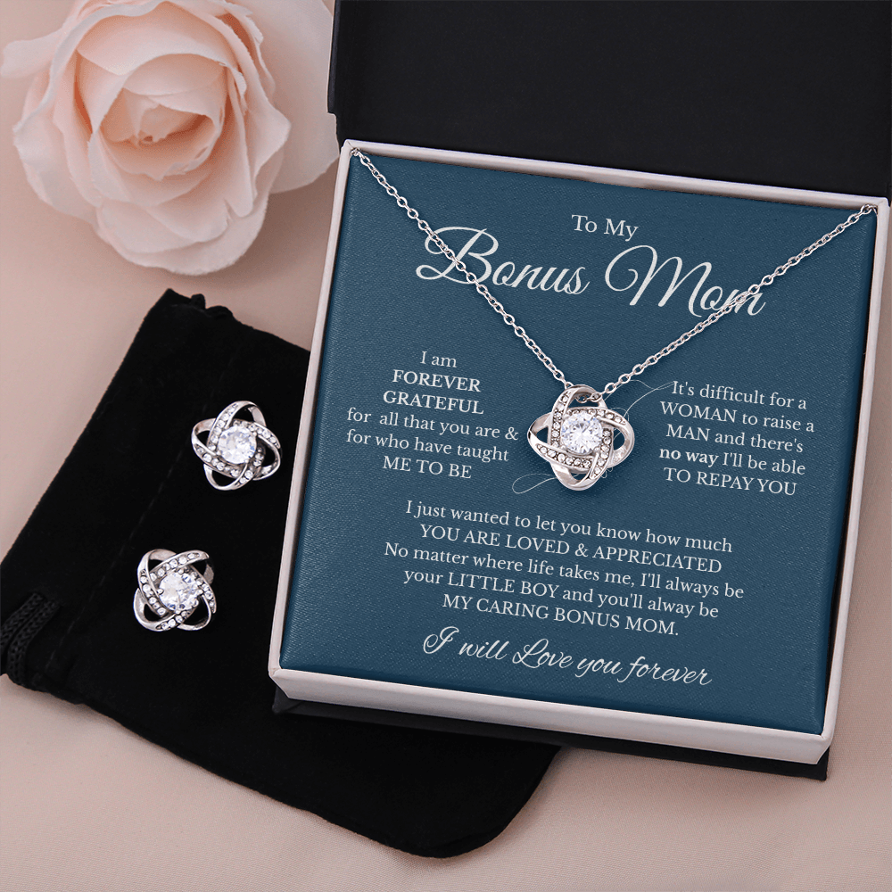 YOU ARE LOVED & APPRECIATED – Forever Grateful Love Knot Earring & Necklace Set for Bonus Mom | Free Shipping