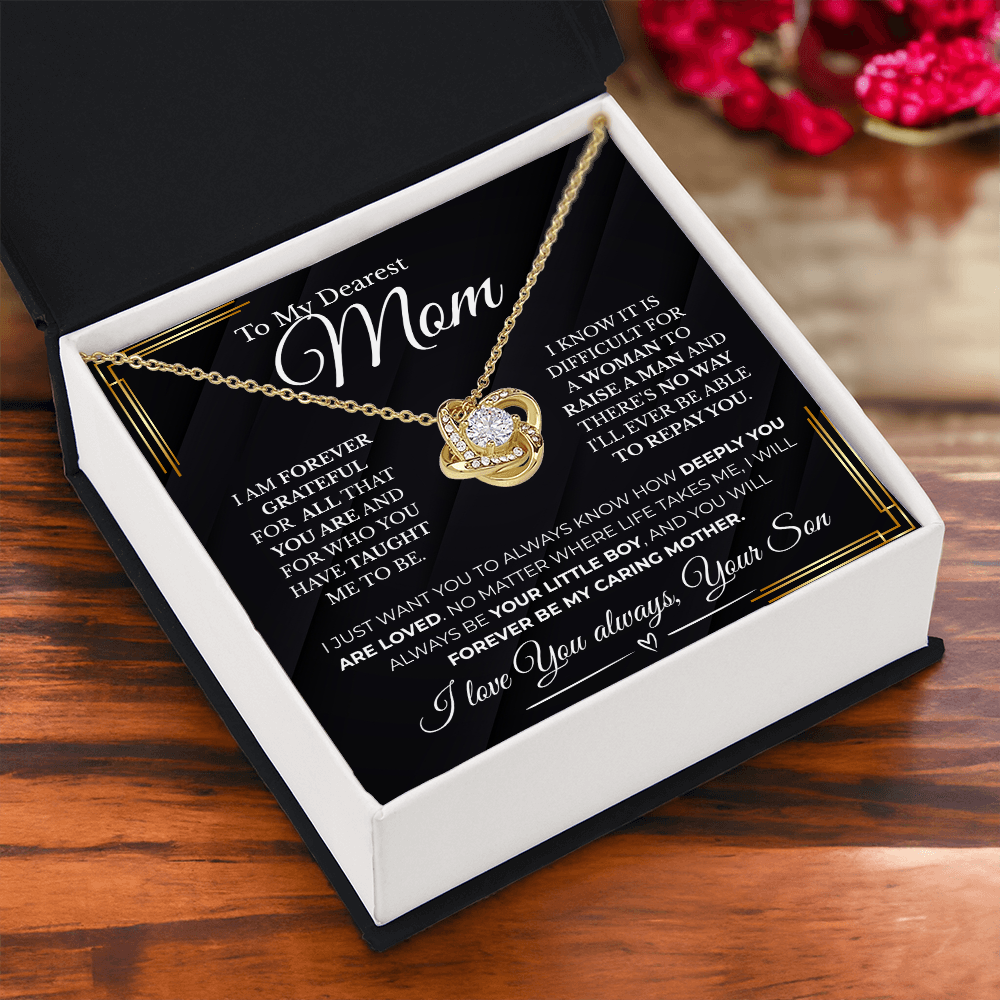 Forever My Caring Mother – Love Knot Necklace from Son| Best Jewelry Gift For Mom| Free LED Gift Box
