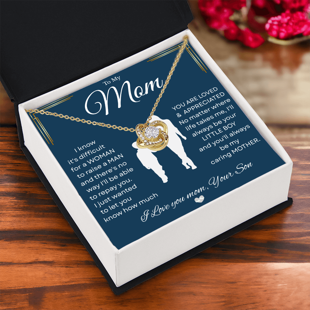 Love Knot Necklace – Heartfelt Keepsake Gift from Son to Mom "You’ll forever be my CARING MOTHER." Message and Free Gift Box