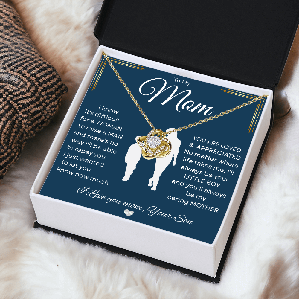 Love Knot Necklace – Heartfelt Keepsake Gift from Son to Mom "You’ll forever be my CARING MOTHER." Message and Free Gift Box