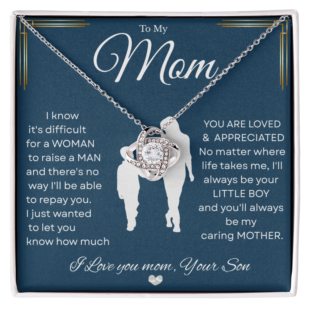 Love Knot Necklace – Heartfelt Keepsake Gift from Son to Mom "You’ll forever be my CARING MOTHER." Message and Free Gift Box