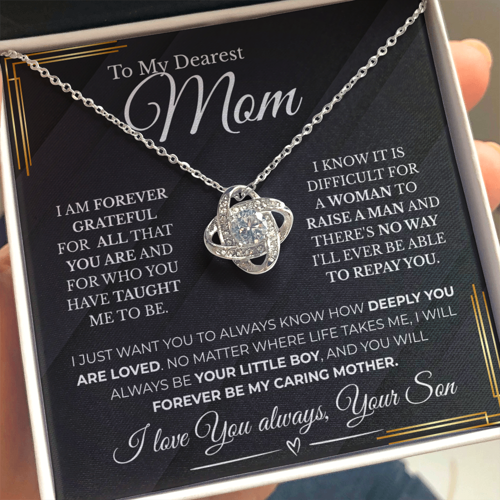 Forever My Caring Mother – Love Knot Necklace from Son| Best Jewelry Gift For Mom| Free LED Gift Box