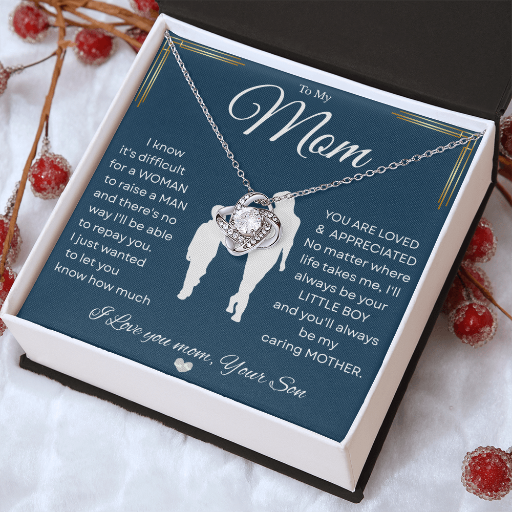Love Knot Necklace – Heartfelt Keepsake Gift from Son to Mom "You’ll forever be my CARING MOTHER." Message and Free Gift Box