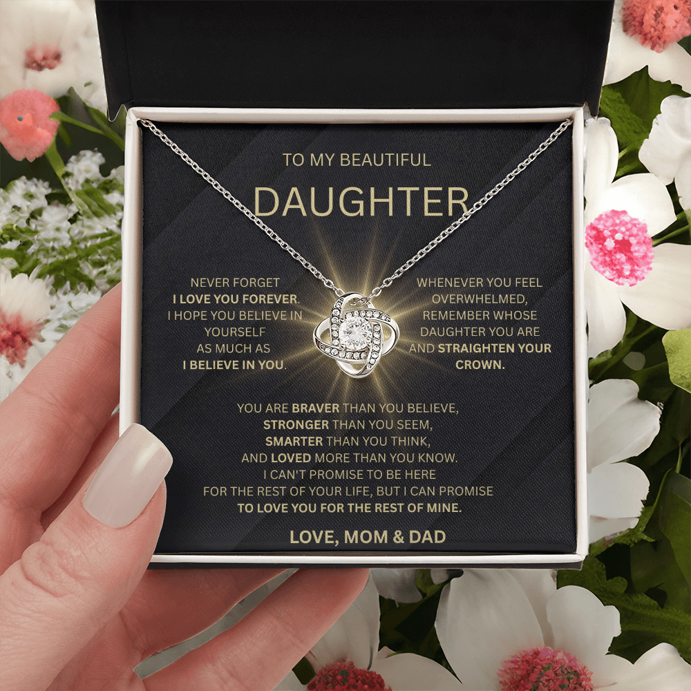 👑 To My Beautiful Daughter – Love, Mom & Dad | Love Knot Necklace