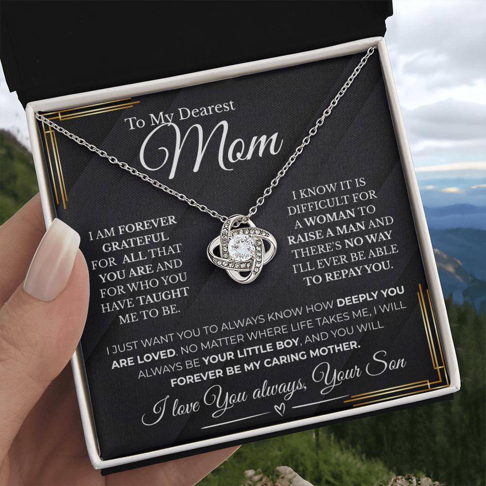 Forever My Caring Mother – Love Knot Necklace from Son| Best Jewelry Gift For Mom| Free LED Gift Box