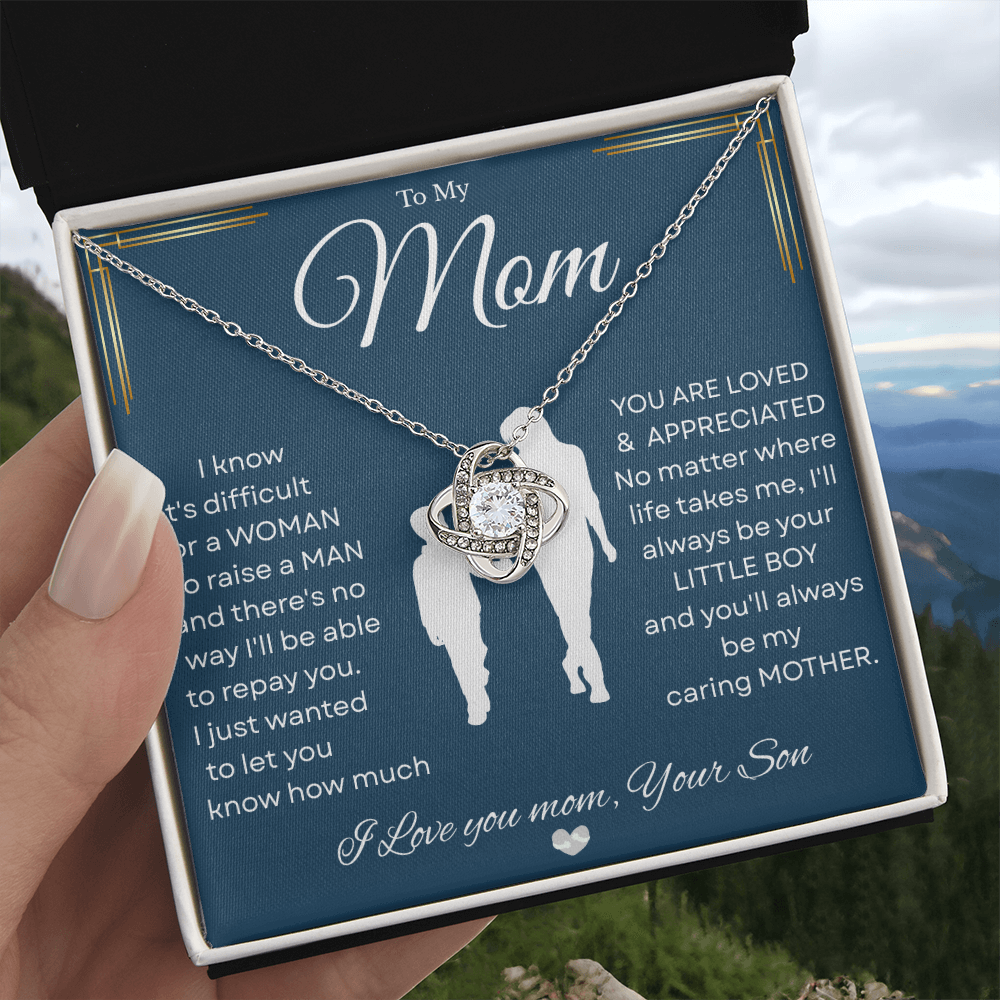 Love Knot Necklace – Heartfelt Keepsake Gift from Son to Mom "You’ll forever be my CARING MOTHER." Message and Free Gift Box