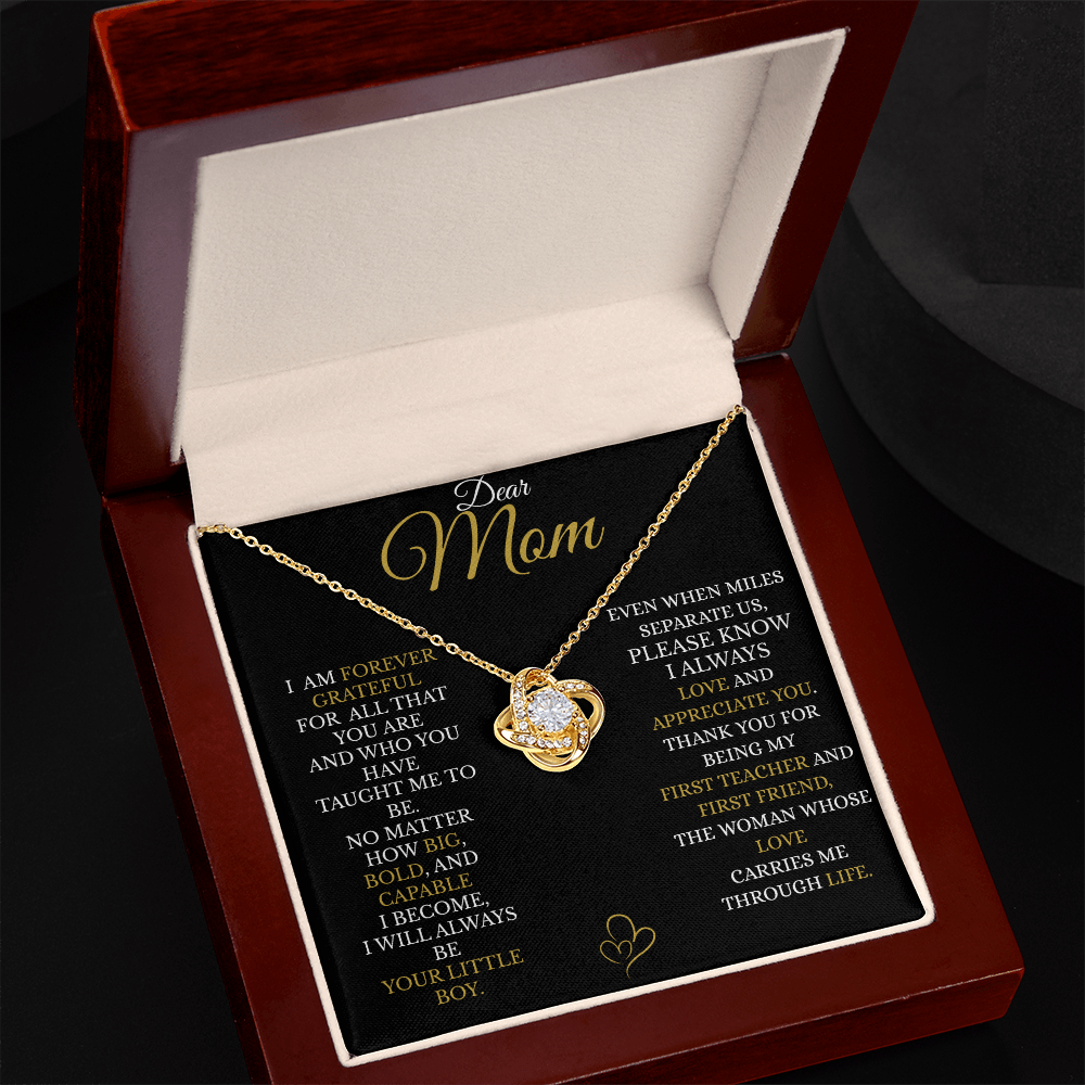 To My Mom – Gold Love Knot Necklace with “I’ll Always Be Your Little Boy” Message and Free LED Gift Box