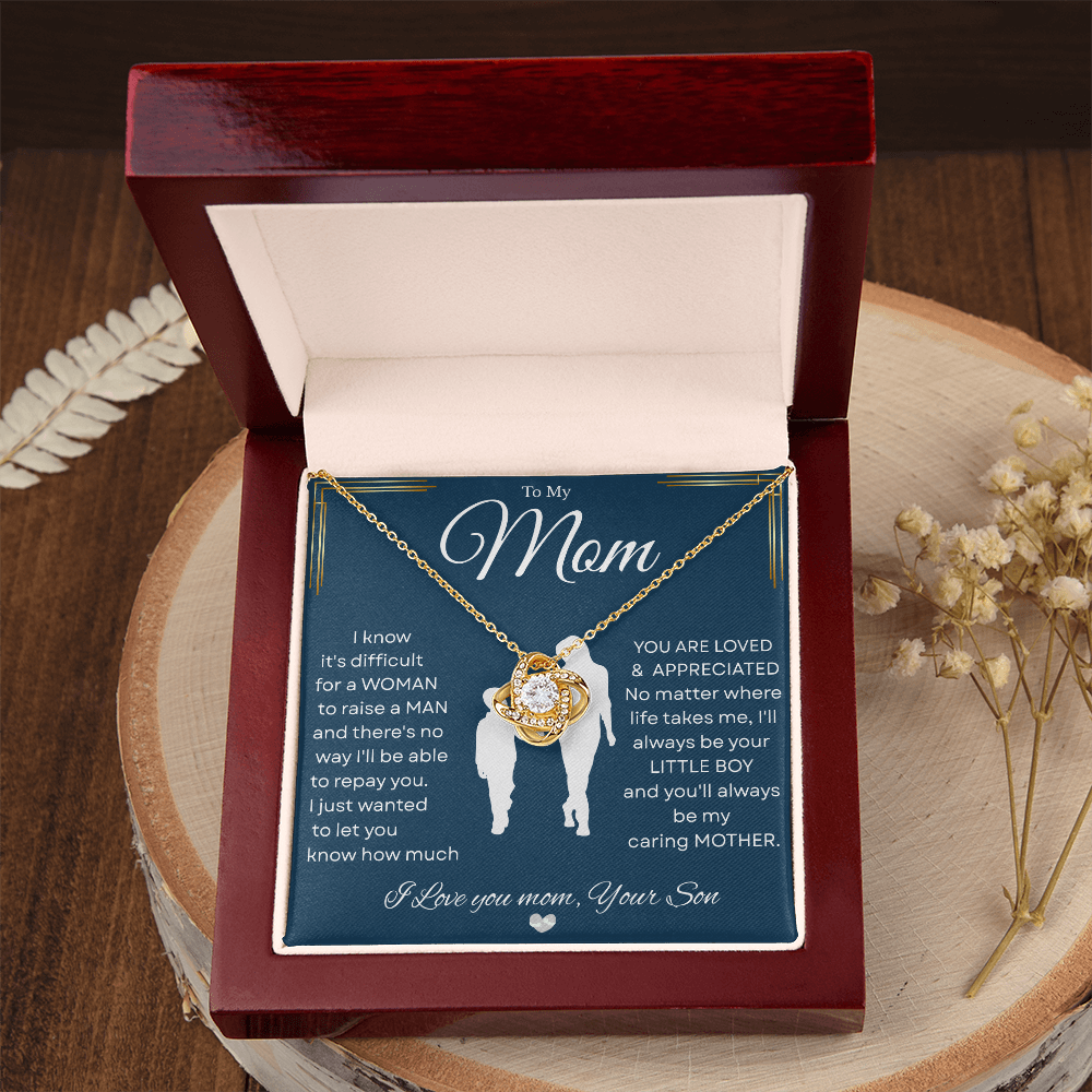 Love Knot Necklace – Heartfelt Keepsake Gift from Son to Mom "You’ll forever be my CARING MOTHER." Message and Free Gift Box