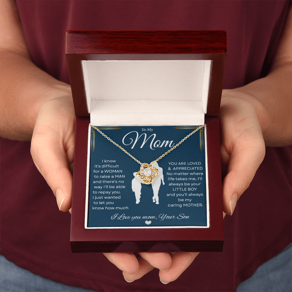 Love Knot Necklace – Heartfelt Keepsake Gift from Son to Mom "You’ll forever be my CARING MOTHER." Message and Free Gift Box