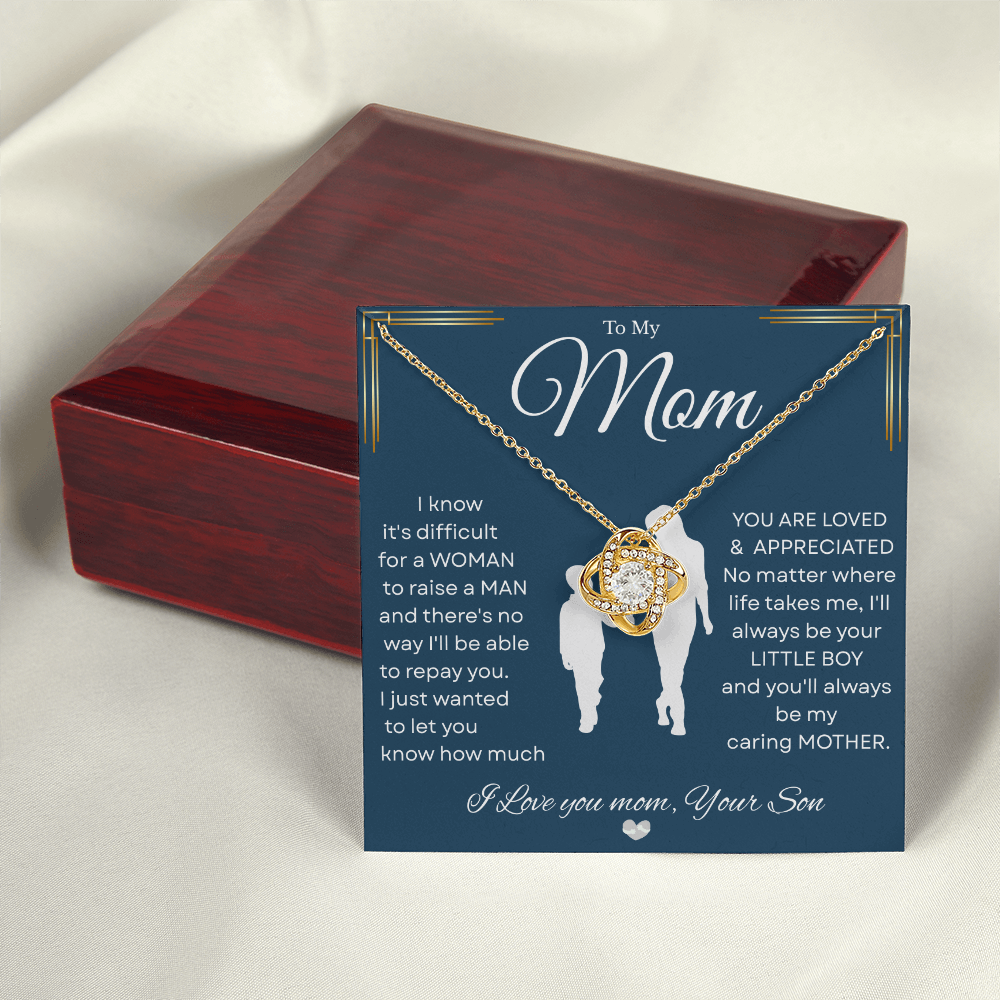 Love Knot Necklace – Heartfelt Keepsake Gift from Son to Mom "You’ll forever be my CARING MOTHER." Message and Free Gift Box
