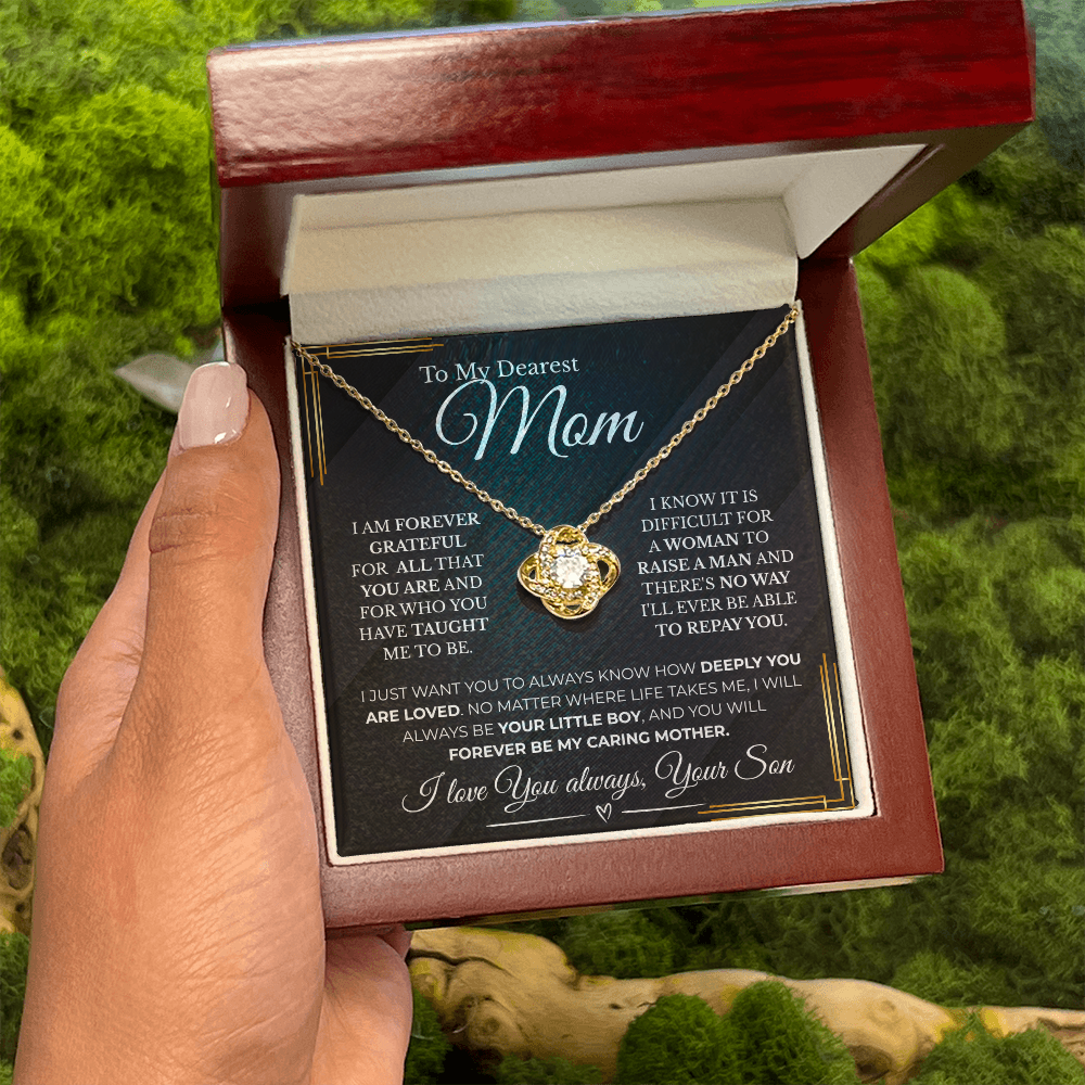 Forever My Caring Mother – Love Knot Necklace from Son| Best Jewelry Gift For Mom| Free LED Gift Box