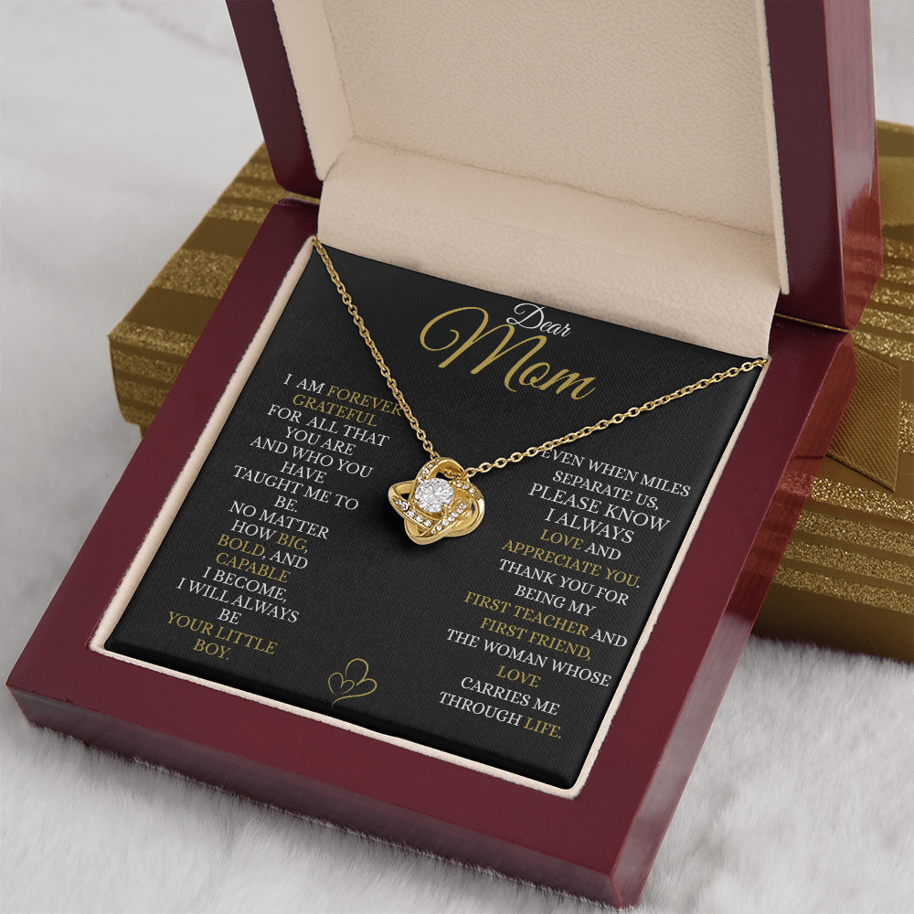 To My Mom – Gold Love Knot Necklace with “I’ll Always Be Your Little Boy” Message and Free LED Gift Box