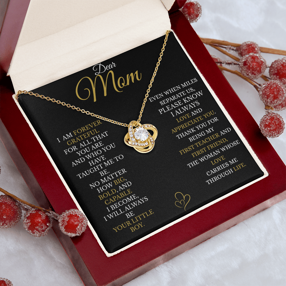 To My Mom – Gold Love Knot Necklace with “I’ll Always Be Your Little Boy” Message and Free LED Gift Box