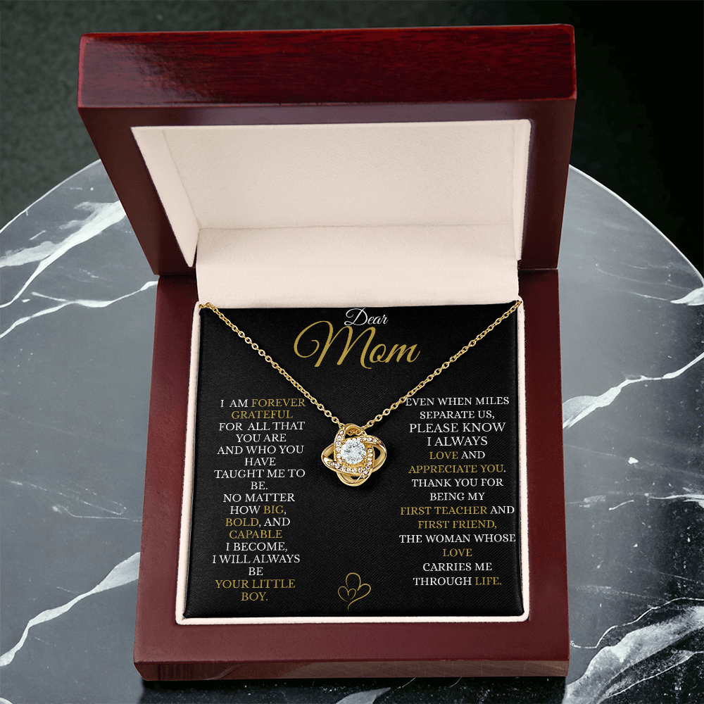 To My Mom – Gold Love Knot Necklace with “I’ll Always Be Your Little Boy” Message and Free LED Gift Box