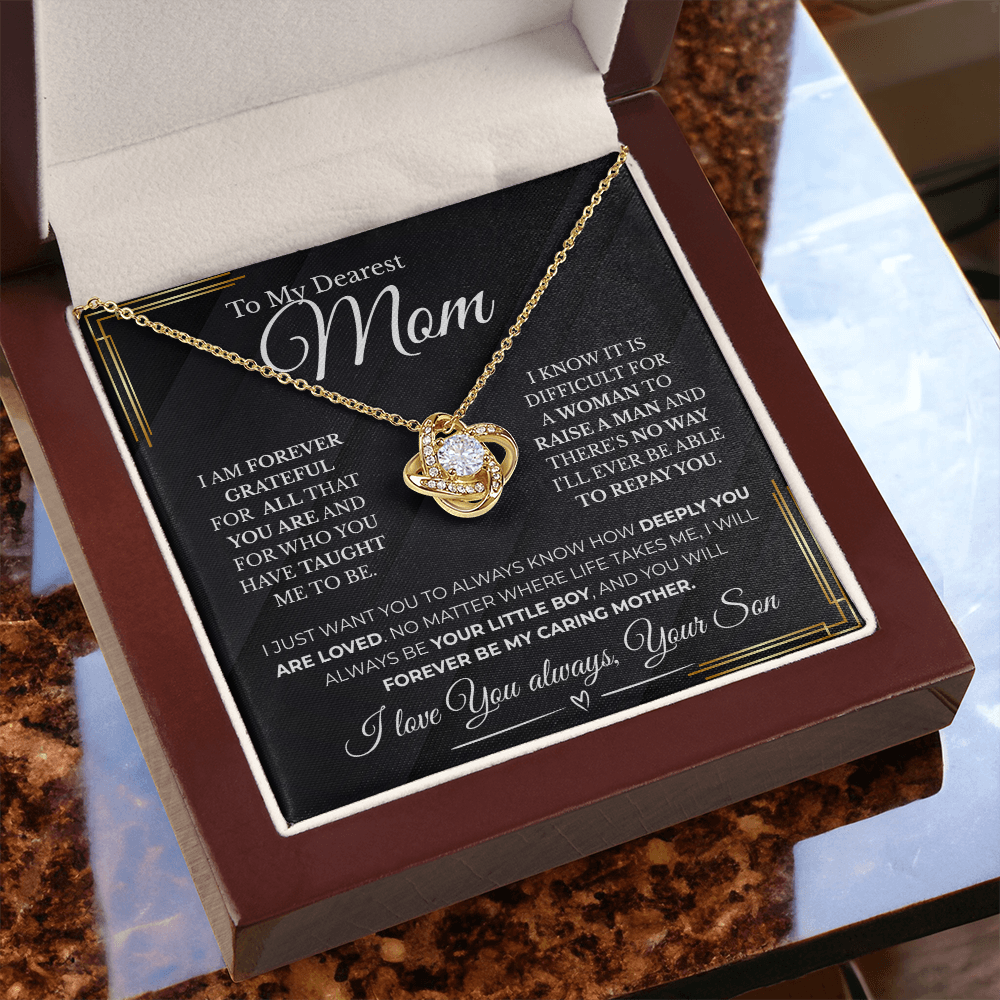 Forever My Caring Mother – Love Knot Necklace from Son| Best Jewelry Gift For Mom| Free LED Gift Box