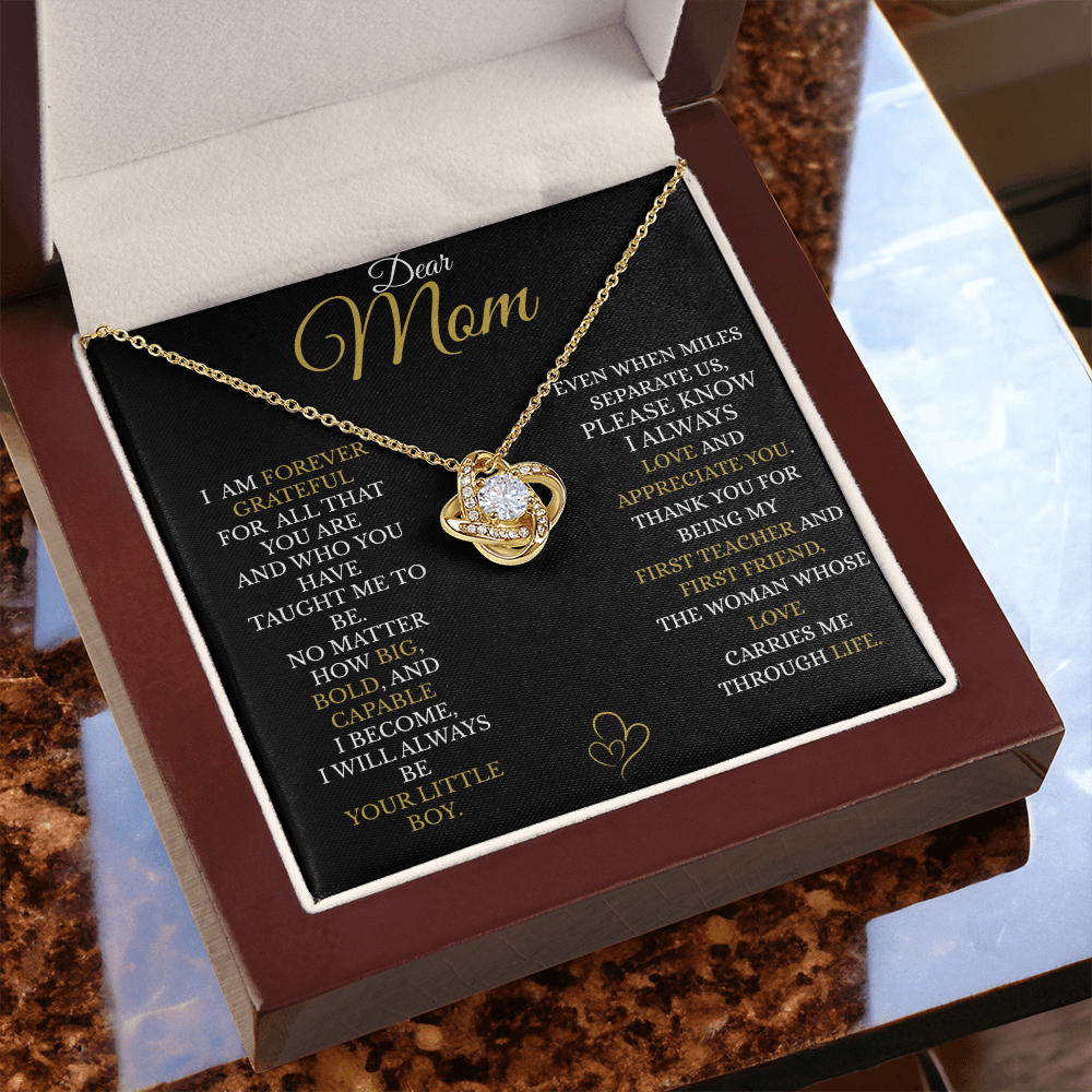 To My Mom – Gold Love Knot Necklace with “I’ll Always Be Your Little Boy” Message and Free LED Gift Box