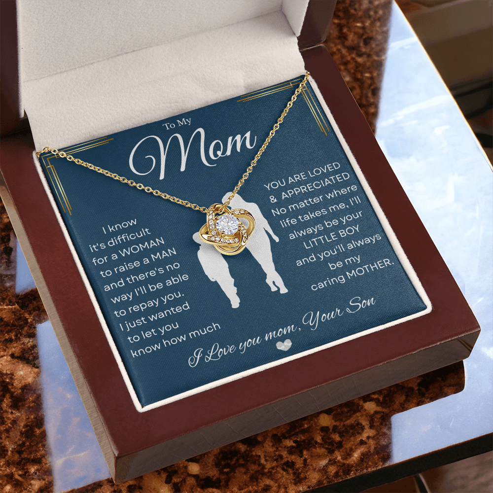 Love Knot Necklace – Heartfelt Keepsake Gift from Son to Mom "You’ll forever be my CARING MOTHER." Message and Free Gift Box
