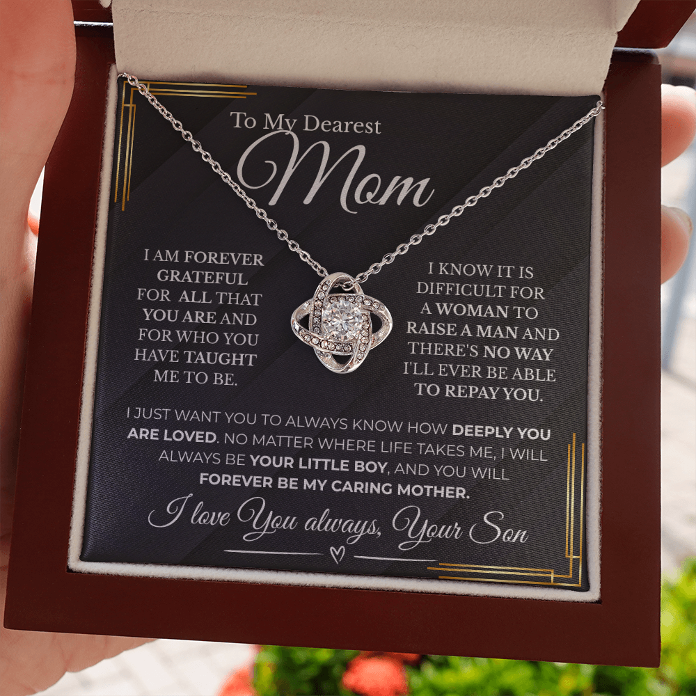 Forever My Caring Mother – Love Knot Necklace from Son| Best Jewelry Gift For Mom| Free LED Gift Box