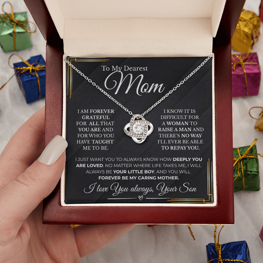 Forever My Caring Mother – Love Knot Necklace from Son| Best Jewelry Gift For Mom| Free LED Gift Box