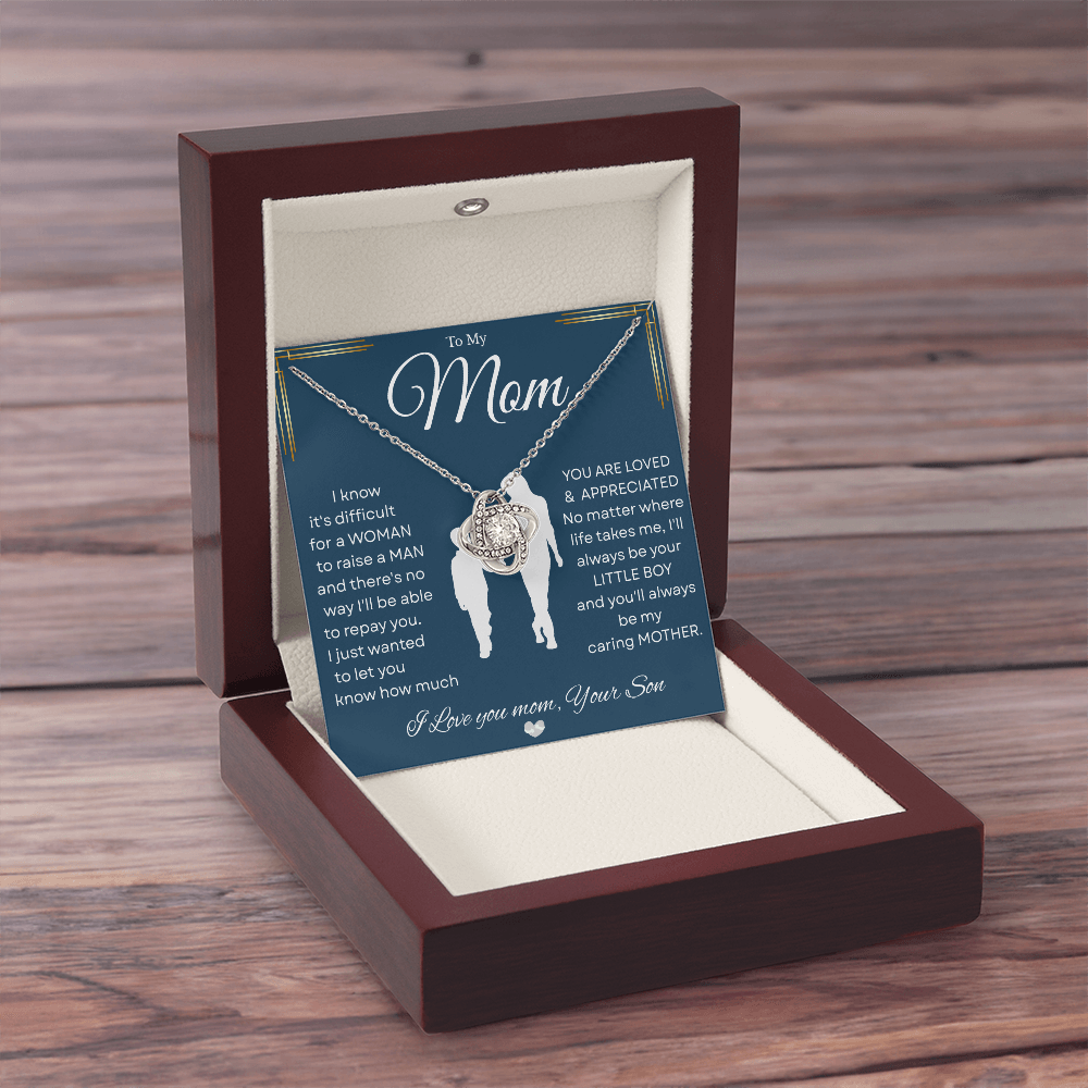 Love Knot Necklace – Heartfelt Keepsake Gift from Son to Mom "You’ll forever be my CARING MOTHER." Message and Free Gift Box