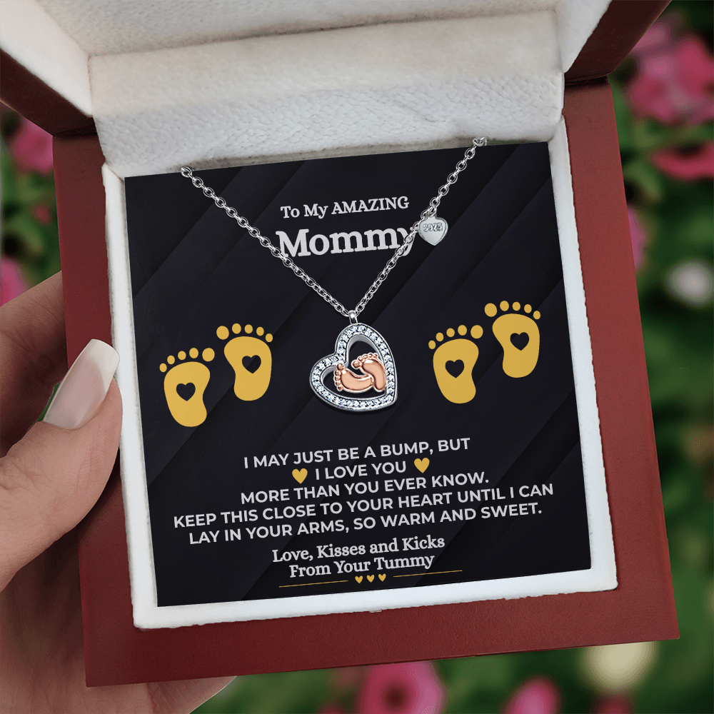 Love from the Bump” Baby Feet Love Heart Necklace – A Heartfelt Gift for Mommy-to-Be 14k White Gold Finish