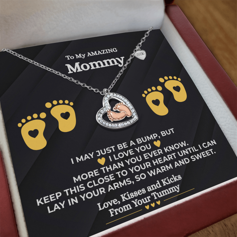 Love from the Bump” Baby Feet Love Heart Necklace – A Heartfelt Gift for Mommy-to-Be 14k White Gold Finish